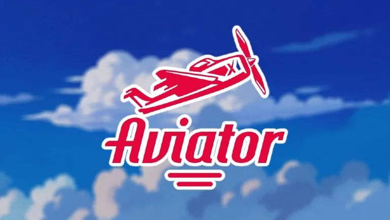 کھیل کا تشہیری آرٹ ورک: سرخ جہاز اور Aviator کا ورڈ مارک اپنی دوہری لکیر کے ساتھ، ایک بنے ہوئے آسمان کے اوپر
